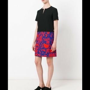 NEW Carven [SZ 36 ] Floral Slit Neck‎ Shift Dress in Red/Blue/Black